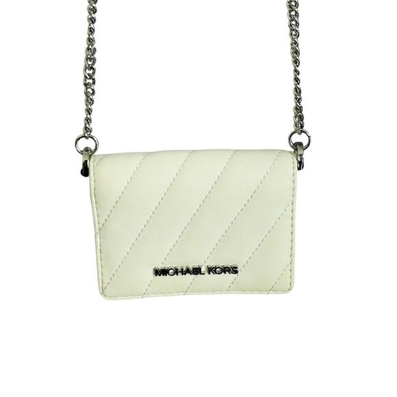 Michael Kors Mini Purse White Leather Chain Bag Quilted Prom Wedding Coin MK - Picture 15 of 16